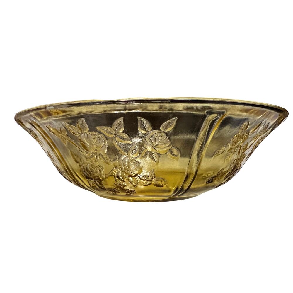 Vintage Serving Bowl, Yellow/Amber Federal Glass Sharon Cabbage Rose 10"